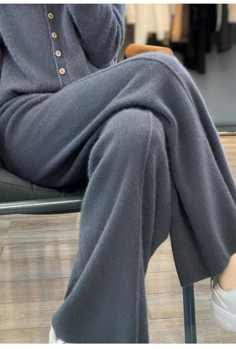 Women's Cashmere Pants 100% Merino Wool Broadfoot Pants Women's Knit Loose Knit Pants Fall/Winter 2024 Women's Thick Pants