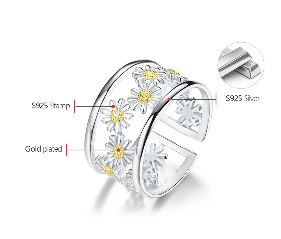 Lotus Fun Elegant Little Daisy Flower Adjustable Rings for Women Real 925 Sterling Silver Original Luxury 18K Gold Fine Jewelry