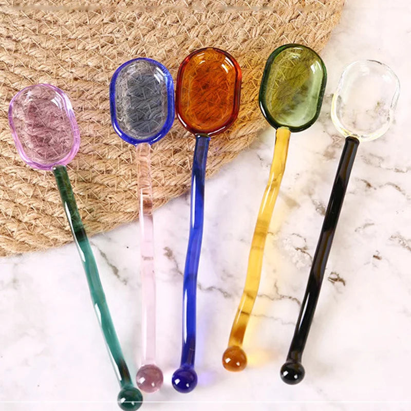 Creative Glass Milk Spoons Colored Transparent Coffee Dessert Stirring Long Handle Spoon Round Kitchen Tableware Stirrer Rod