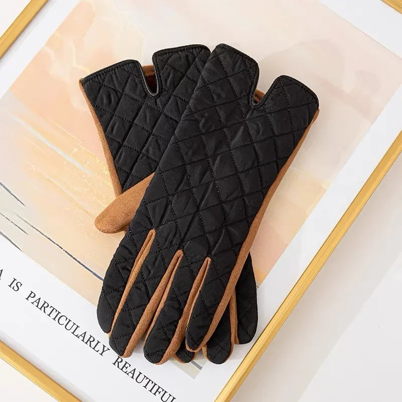 Women's Contrasting Suede Leather Plus Velvet Thicken Touch Screen Driving Warm Gloves For Sports Winter Outdoor Ski Coldproof