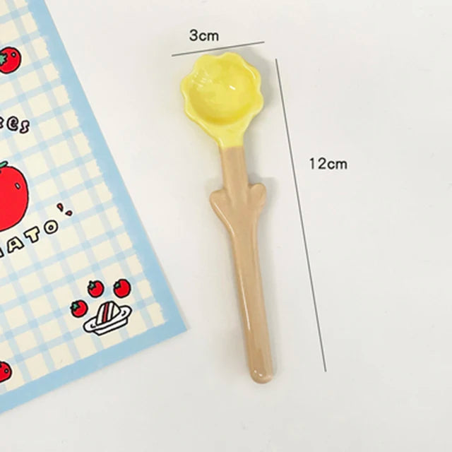 Kawaii Ceramic Flower Spoon Tulip Shaped Cute Milk Ice Cream Dessert Soup Spoon With Long Handle Kitchen Tableware Accessories