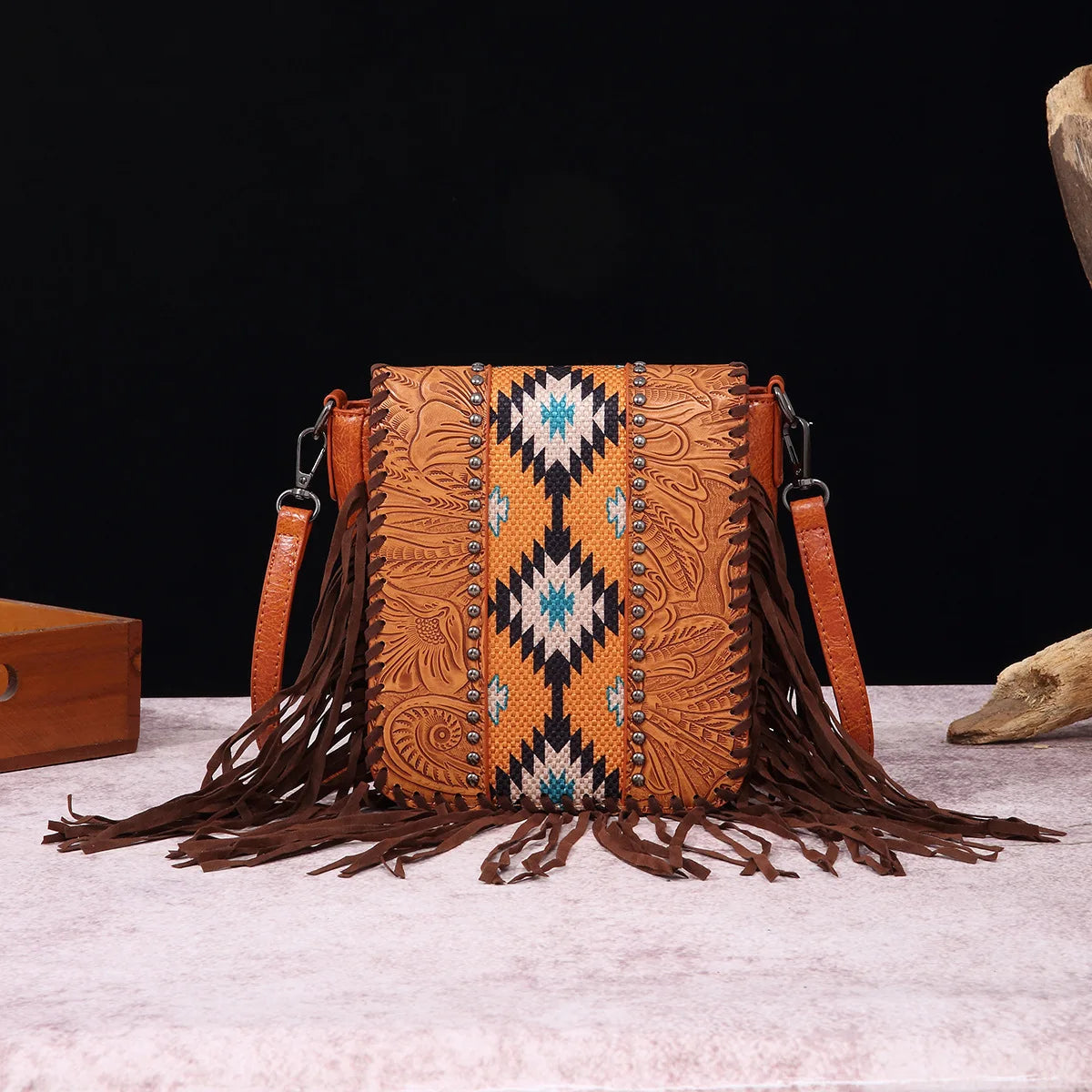 Small Vegan Leather Cowhide Women's Crossbody Handbag with Tassel Wrangler West Fringe Purse for Women Shoulder Bag Tooled Aztec