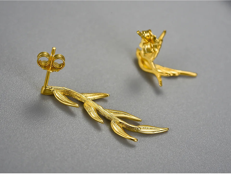 Lotus Fun Luxury 18K Gold Swallow Willow Branch Asymmetrical Unusual Dangle Earrings For Women 925 Sterling Silver Fine Jewelry