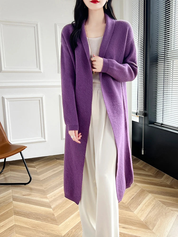 2024 Women Long Cardigan Cashmere Sweater Spring Autumn Winter Office Lady Loose Coat 100% Merino Wool Knitwear Korean Fashion