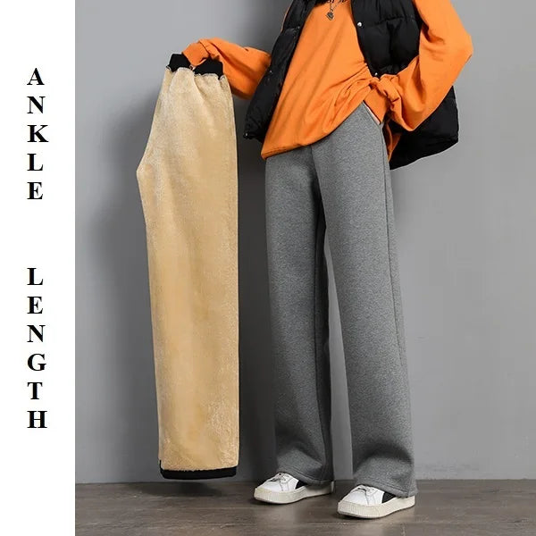 Women Warm Winter Plush Thick Pants Lambskin Cashmere Trousers High Waist Cotton Fleece Loose Female Wide Leg Pants PELEDRESS