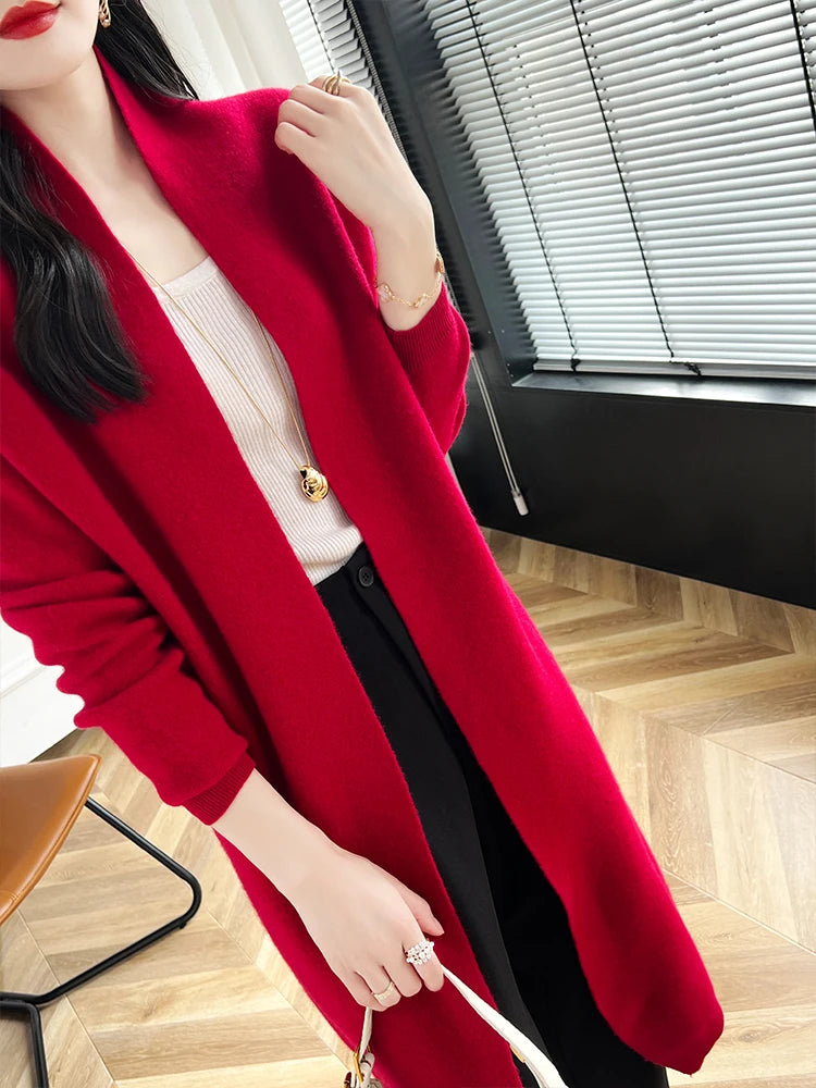 2024 Women Long Cardigan Cashmere Sweater Spring Autumn Winter Office Lady Loose Coat 100% Merino Wool Knitwear Korean Fashion