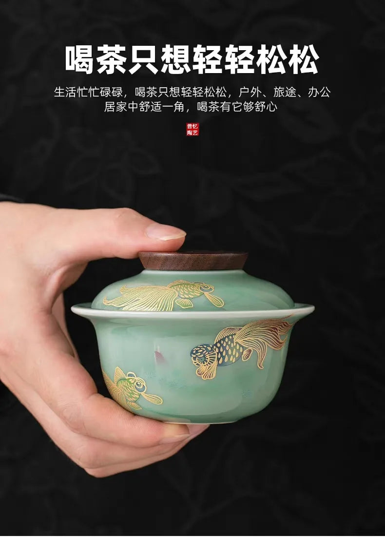 Chinese Style Travel Tea Set, Celadon Cover Bowl Small Set, One Pot, Three Cups, Fast Customer Cup, Portable Kung Fu Tea Maker