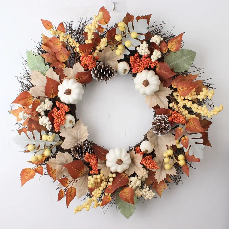 Autumn Wreath Farmhouse Decoration Farmhouse Thanksgiving Maple Leaf Berry Halloween White Pumpkin Set Garland Ornament Pendant Valentines Gift