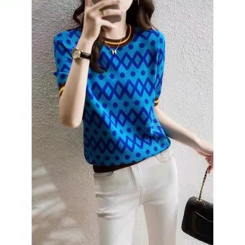 2023 New Spring/Summer Women's Cashmere Short Sleeve Casual Color Matching Women's Slim Fit Casual O-Neck Pullover Sweater