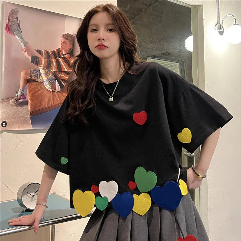 Summer Women Casual Loose Short T-shirt O-Neck Short-sleeved Colorful Love Heart Appliques Tshirt Teenagers Kawaii Tee Tops