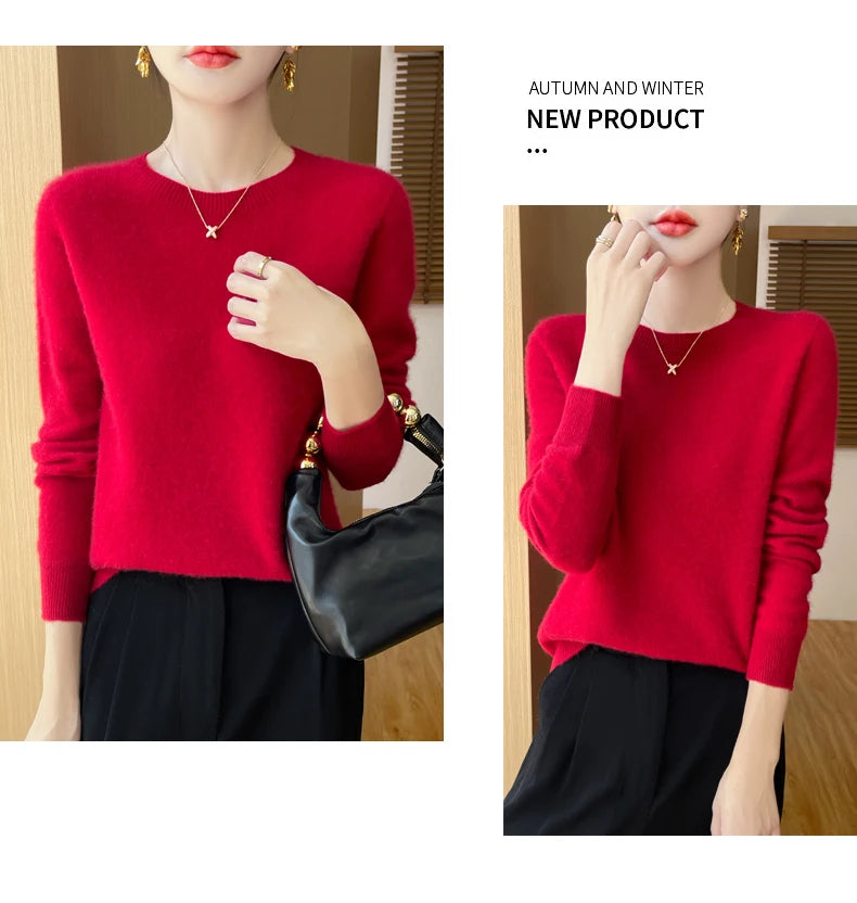 Autumn Winter Women Clothing O-Neck Pullover 100% Merino Wool Sweater New Fashion Cashmere Tops Bottoming Long Sleeve Knitwear