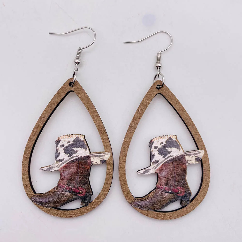 Western Cowboy Wood Earrings Boots Hat Pendant Earrings Sunflower Cow Skull Cowboy Hat Boot Drop Earrings for Women Jewelry