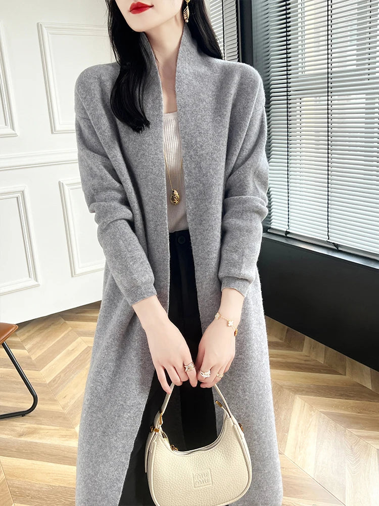 2024 Women Long Cardigan Cashmere Sweater Spring Autumn Winter Office Lady Loose Coat 100% Merino Wool Knitwear Korean Fashion