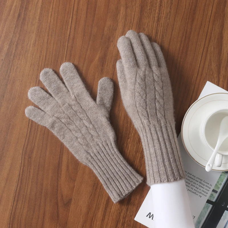 Women Wool Cashmere Gloves Cable Knit Touchscreen Finger Hole Winter Autumn Warm Wrist Length Classic Gloves Female Mitten