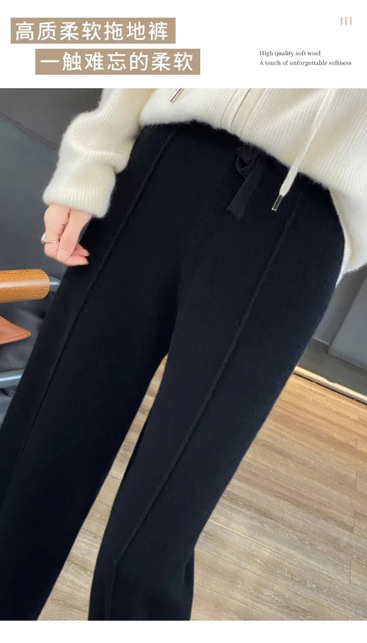 Wool Knitted Wide Leg Pants Women Autumn Winter Thickened High Waist Drip Feeling Cashmere Pants Coffee Straight Casual Pants