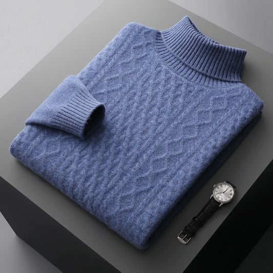 Autumn and winter new 100% wool cashmere sweater men's high neck thick jacquard bottoming shirt loose knit top warm pullover