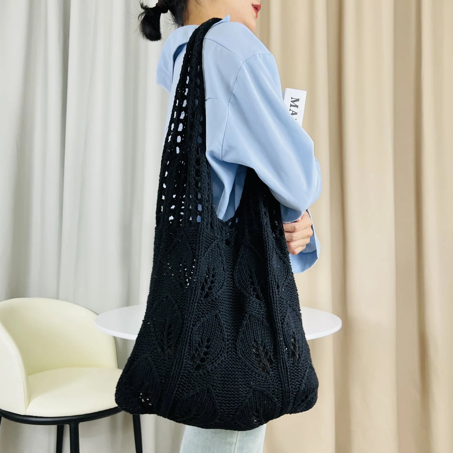 Knitted Handbags Beach Bags Lightweight Students Shoulder Casual Tote Female Style Shopping Woven Bags For Women Girls