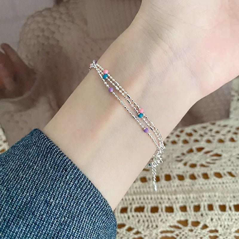 925 Sterling Silver Bracelet Colorful Beads Squares Asymmetric Geometric For Woman Girl Fashion Jewelry Gift Dropship Wholesale