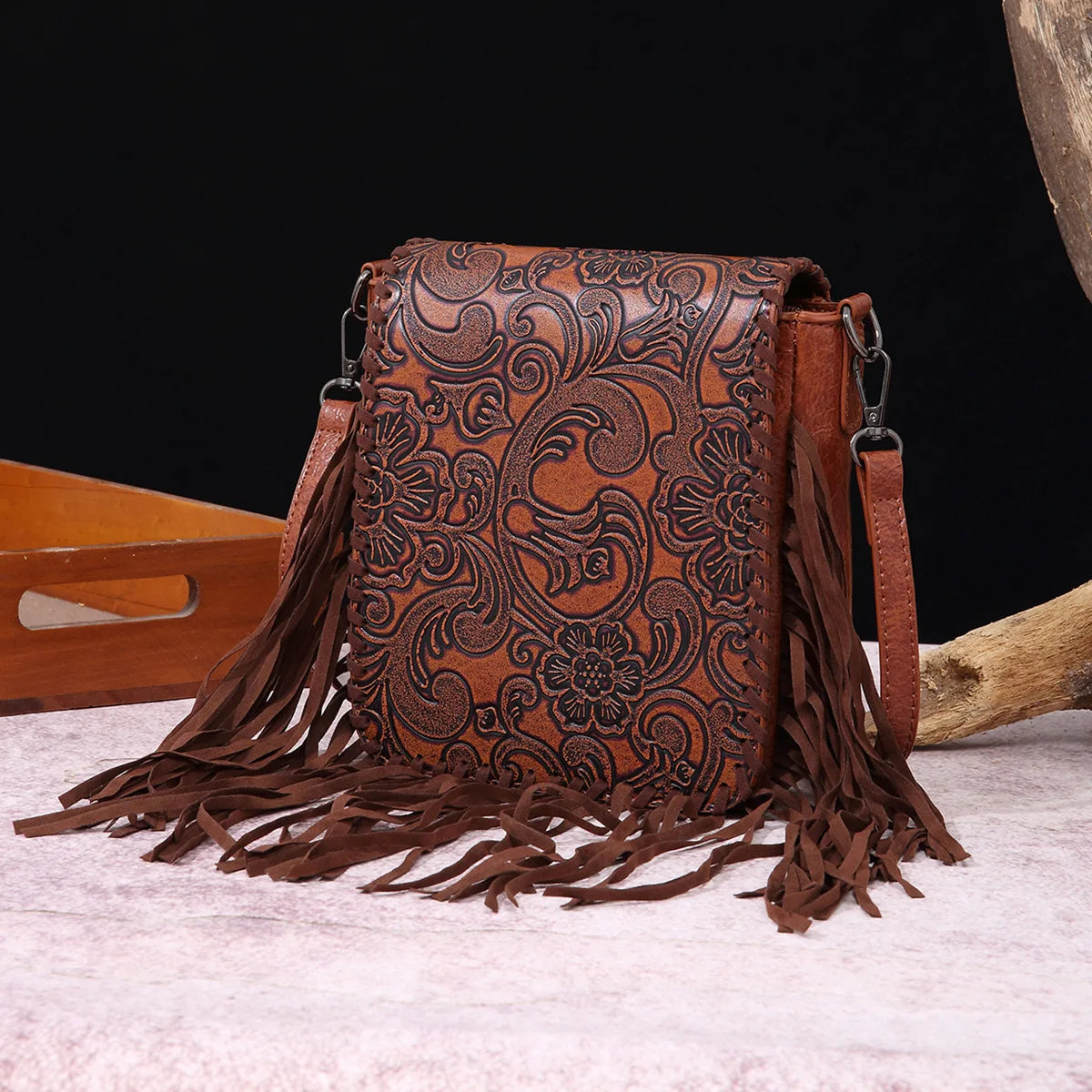 Small Vegan Leather Cowhide Women's Crossbody Handbag with Tassel Wrangler West Fringe Purse for Women Shoulder Bag Tooled Aztec