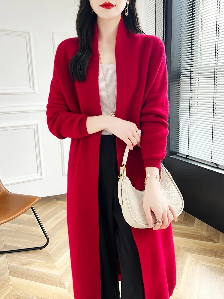 2024 Women Long Cardigan Cashmere Sweater Spring Autumn Winter Office Lady Loose Coat 100% Merino Wool Knitwear Korean Fashion