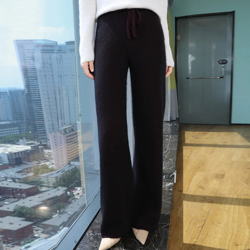 2024 Autumn/Winter New Mink Cashmere Wide Leg Pants for Women, Thickened, Warm, Loose, High Waist Strap up Vertical Casual Pants