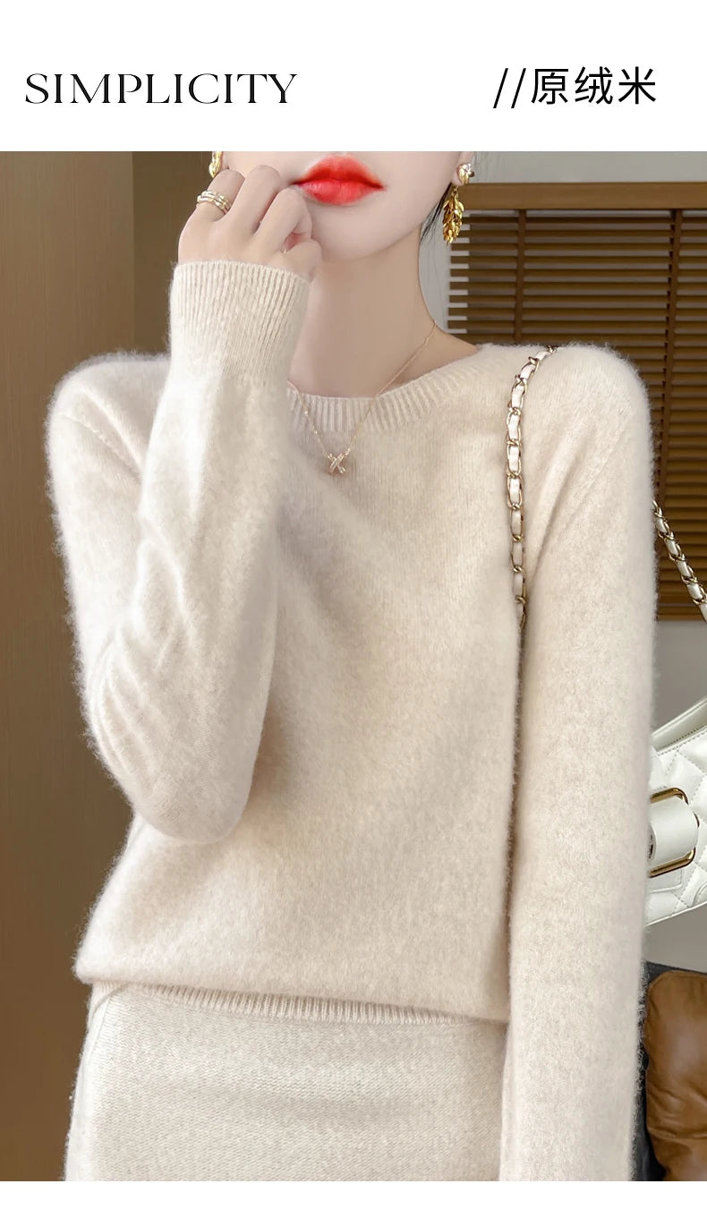 Autumn Winter Women Clothing O-Neck Pullover 100% Merino Wool Sweater New Fashion Cashmere Tops Bottoming Long Sleeve Knitwear