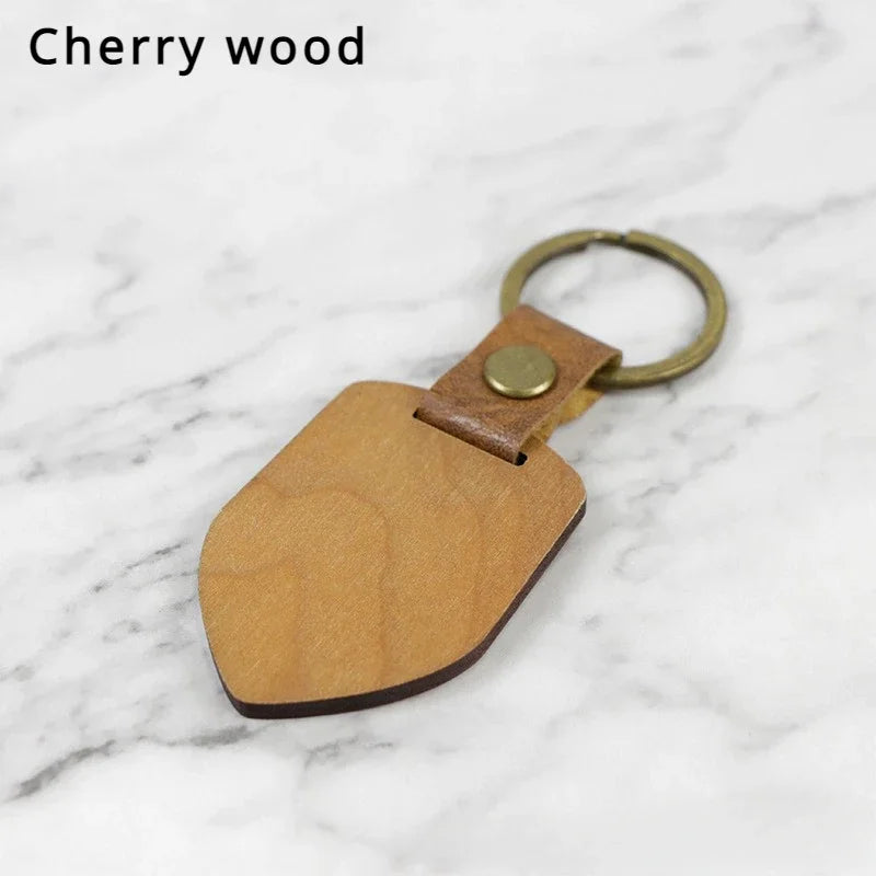 Customized PU Leather Wooden Keychain Blank DIY Wood Keyring Square Engraved Car Key Chains Retro for Friends Lovers Family Gift Valentines Gift