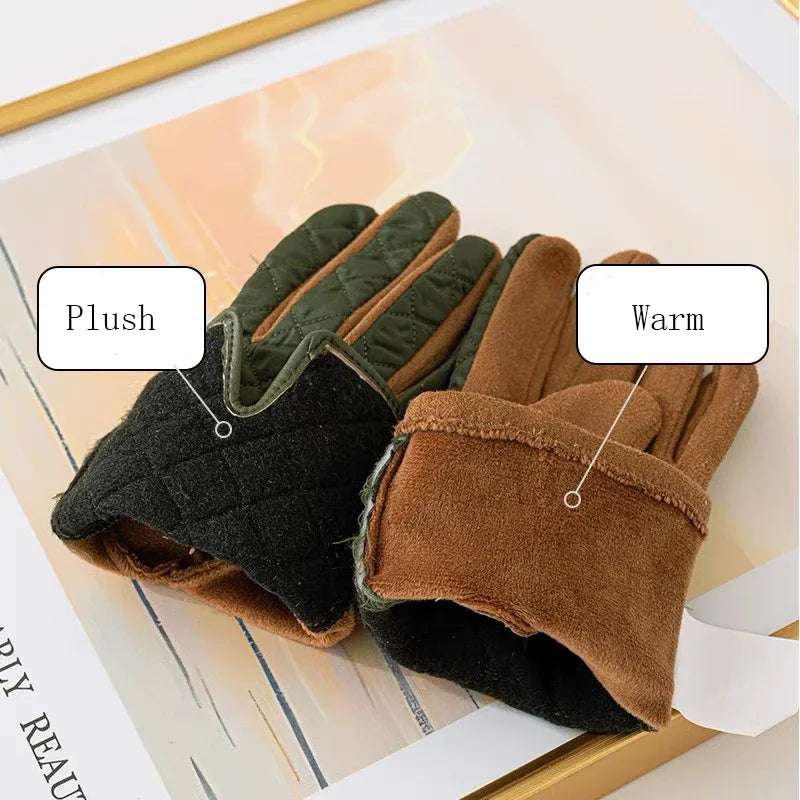 Women's Contrasting Suede Leather Plus Velvet Thicken Touch Screen Driving Warm Gloves For Sports Winter Outdoor Ski Coldproof