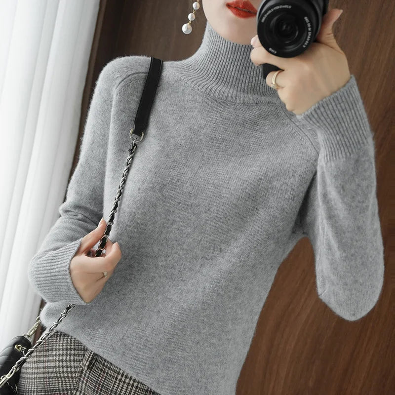 Fashion Basic Autumn Winter  Merino Wool Sweater Mock Neck Cashmere Pullover  Solid Color Soft Long Sleeve Clothing Tops