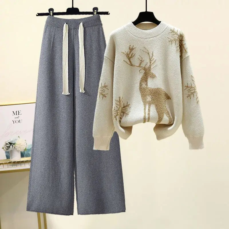 Autumn and Winter Set Women's New Western Style Knitted Sweater Women's Loose and Slimming Casual Pants Two Piece Set Fashion