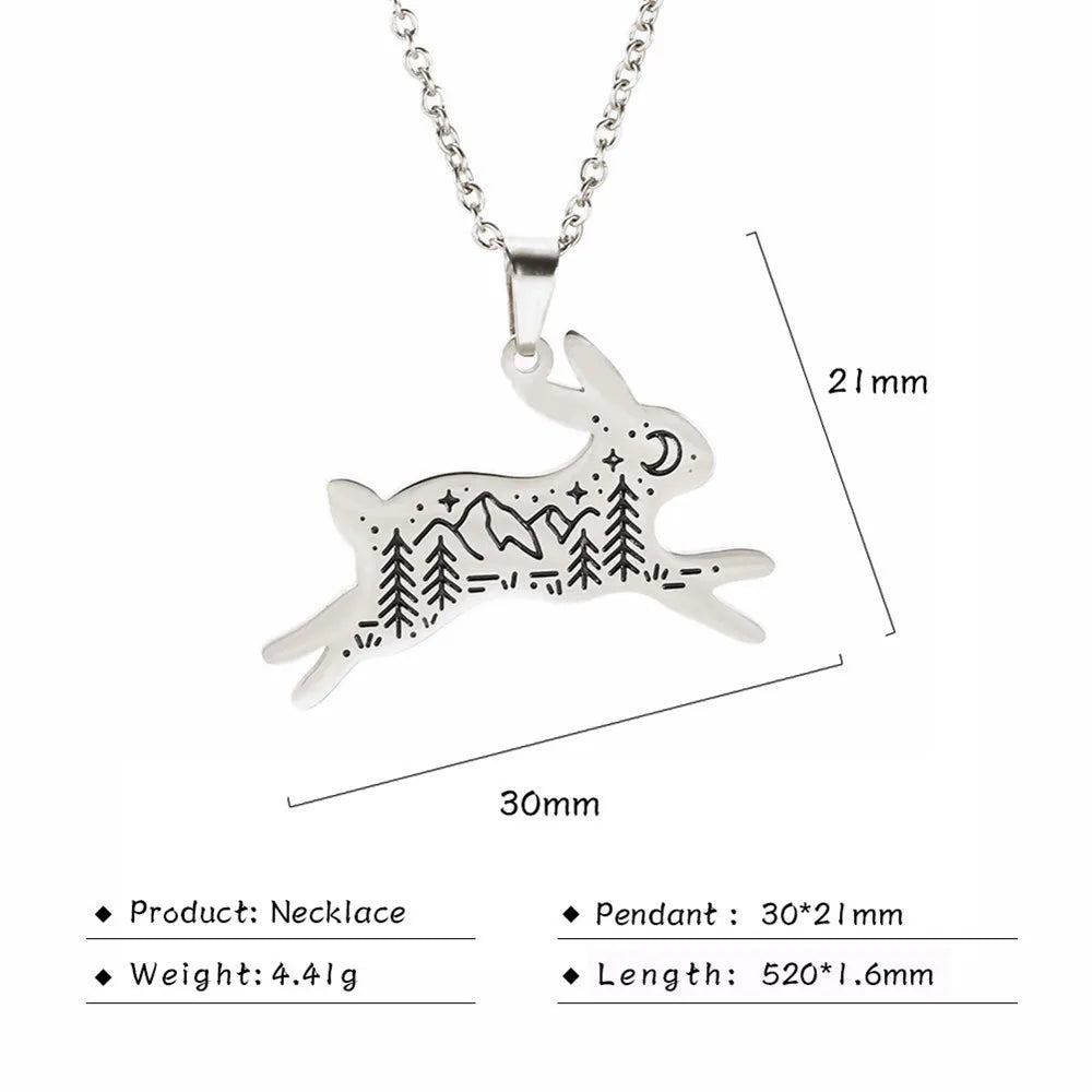 Stainless Steel Animal Pendant Necklace Rabbit Bear Eagle Dog Fox Wolf Scenery Moon Sun Tree Chain Necklaces Jewelry for Women