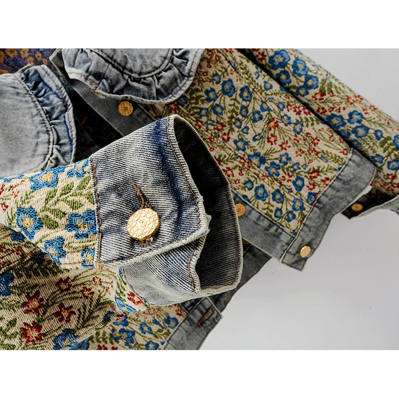 Spring Fashion Jacquard Embroidery Denim Jacket Women Loose Short Blue Cowboy Outwear Peter Pan Collar Jeans Jacket Coat Female