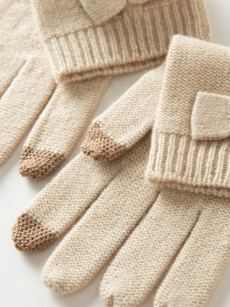 100% Real Cashmere Knitted Gloves Touchscreen Finger Women Autumn Winter Thick Cable Warm Wrist Length Classic Female Mitten