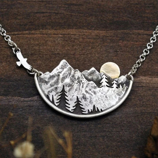 Vintage Mountain Decor Antique Silver Color Choker Pendant Necklaces for Women Creative Jewelry Gift Wholesale