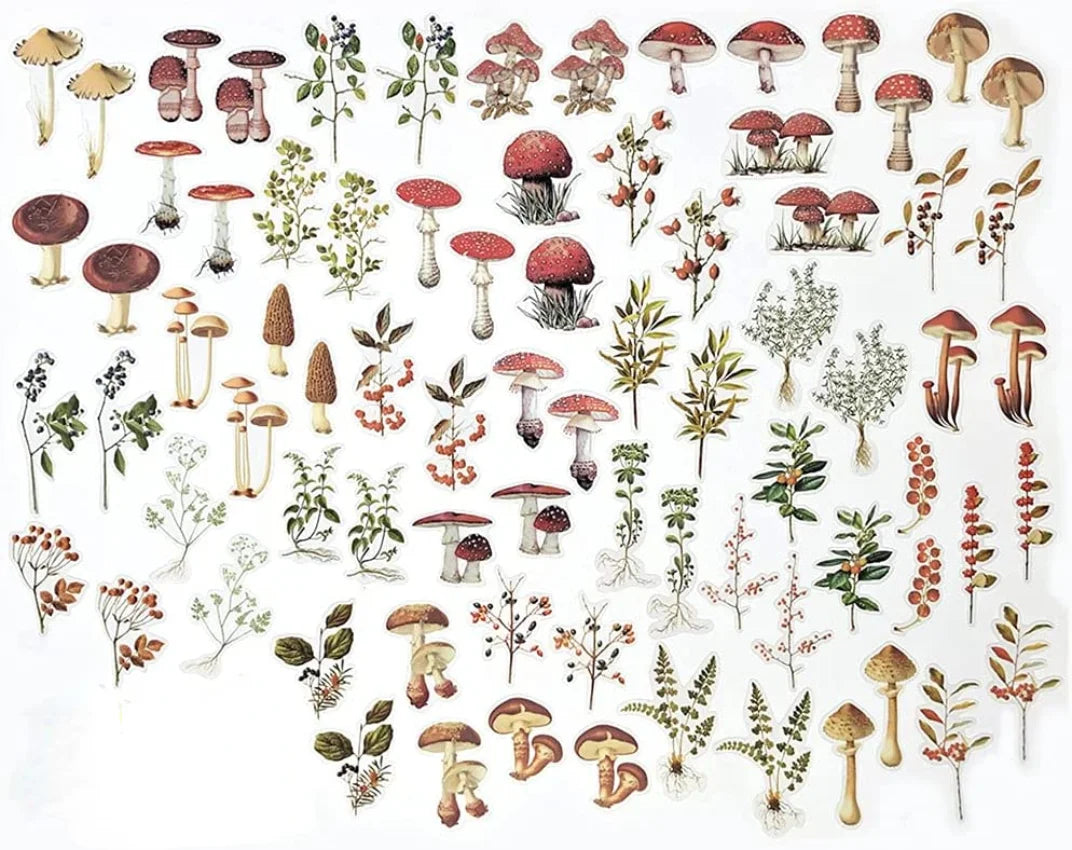 Mushrooms Plant Stickers Set(80 PCS) PET Transparent Vintage Nature Stickers for Scrapbooking Planner Journaling DIY Crafts