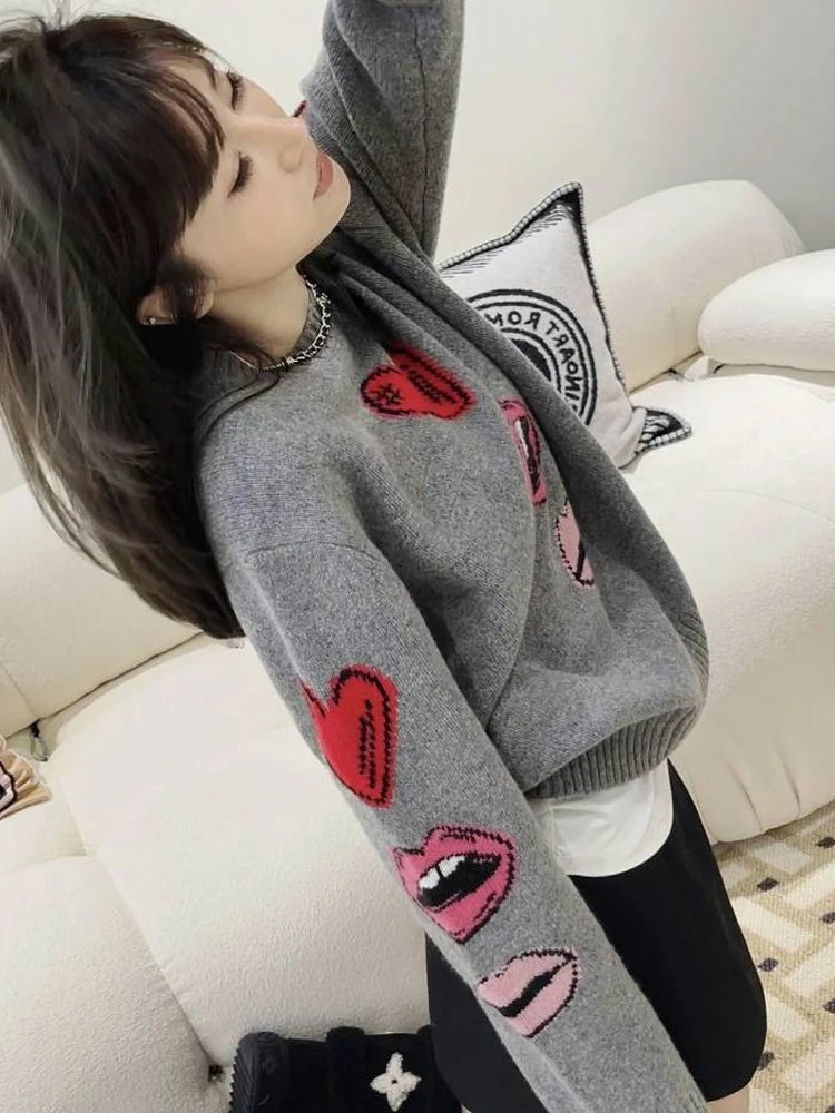 Autumn And Winter New Wool Pullover Women's Round Neck Loose Set Love Lips Sweater Cashmere Knit Bottoming Shirt