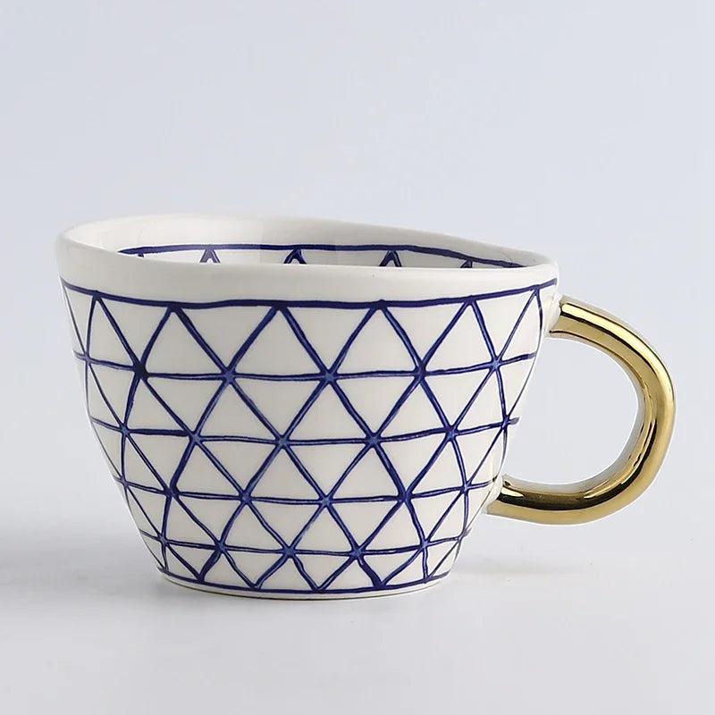 Hand Painted Geometric Ceramic Mugs With Gold Handle Handmade Irregular Cups For Coffee Tea Milk Oatmeal Creative Birthday Gifts