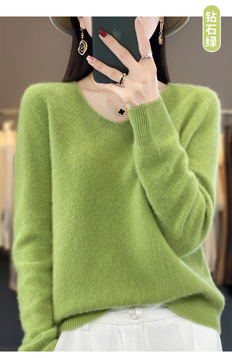 100% pure wool cashmere sweater women's V-neck pullover casual knit top autumn and winter women's coat Korean fashion