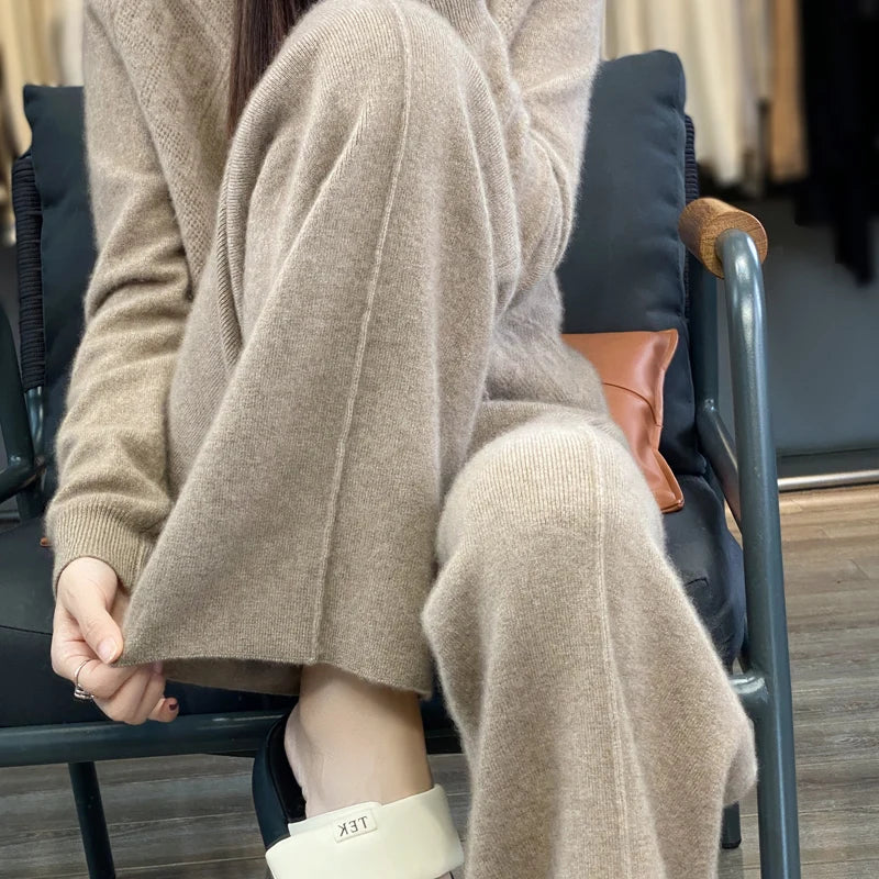 Women's Cashmere Pants 100% Merino Wool Broadfoot Pants Women's Knit Loose Knit Pants Fall/Winter 2024 Women's Thick Pants