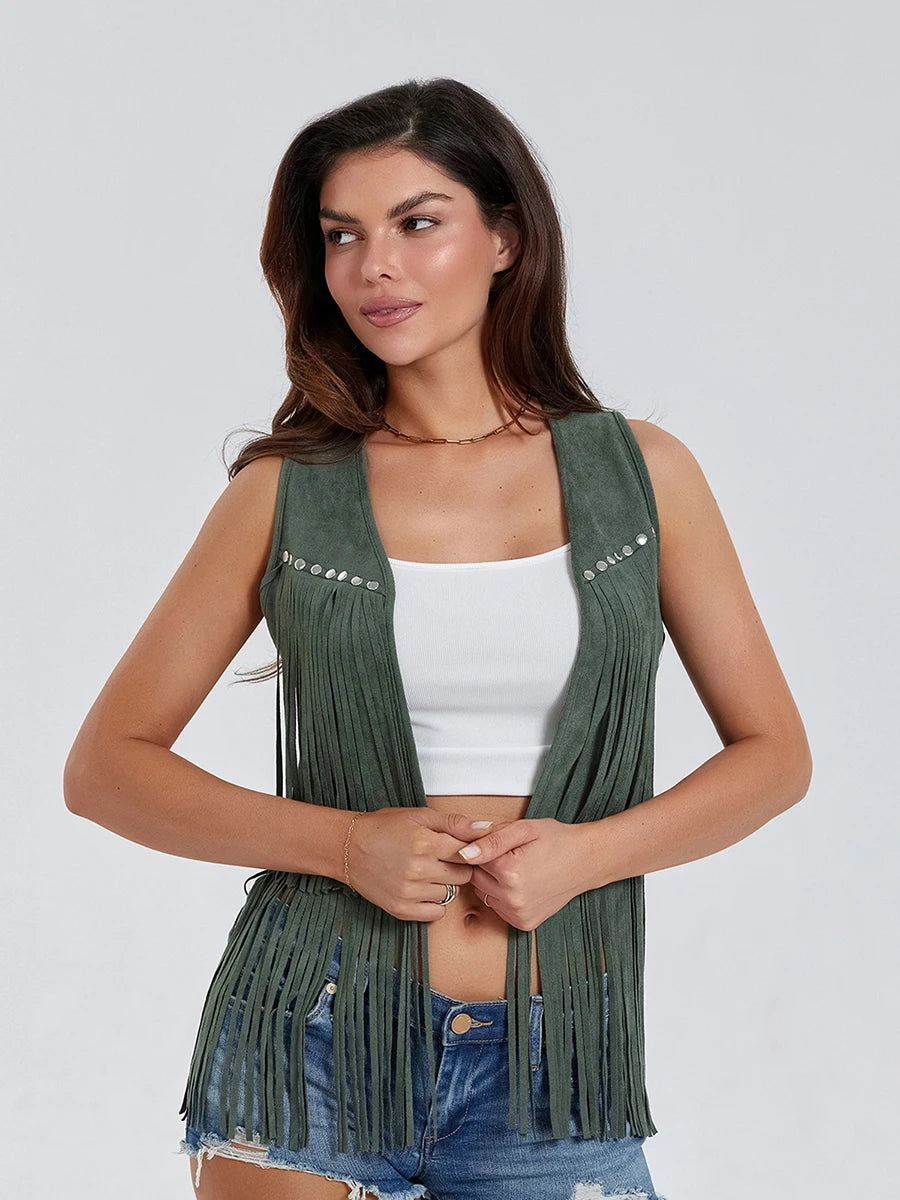 Women Fringe Vest Faux Suede Open Front Vintage Vest Sleeveless Hippie Clothes Boho Western Cowboy Style Short Jacket