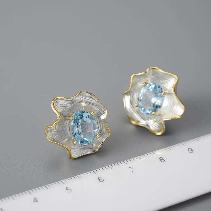 Lotus Fun Natural Topaz Gemstone Curled Leaf Stud Earrings for Women 925 Sterling Silver Vintage Baroque Style Luxury Jewelry