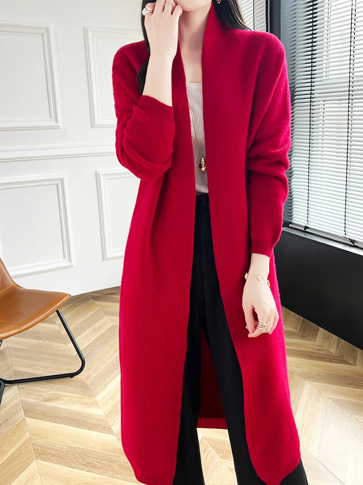 2024 Women Long Cardigan Cashmere Sweater Spring Autumn Winter Office Lady Loose Coat 100% Merino Wool Knitwear Korean Fashion