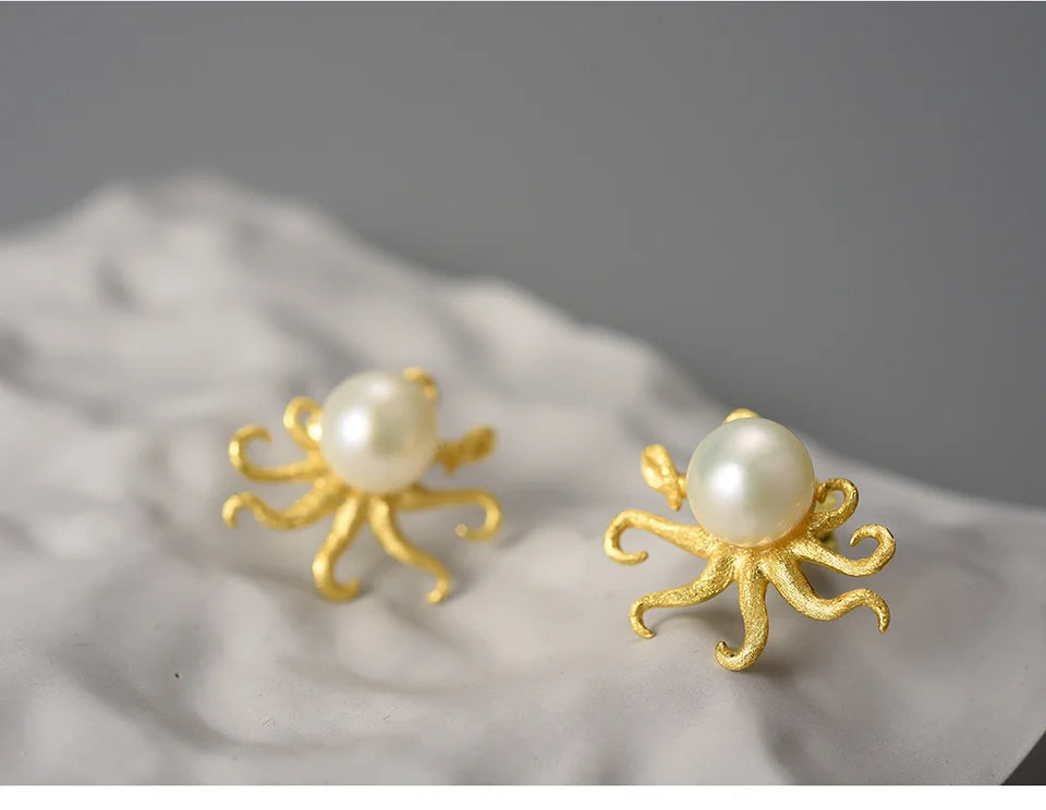 Lotus Fun Creative Octopus Natural Pearl Stud Earrings for Women Real 925 Sterling Silver Original Statement Luxury Fine Jewelry