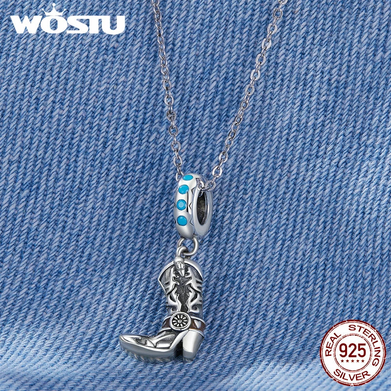 WOSTU Vintage 925 Sterling Silver Western Cowboy Leather Pendant Dream Catcher Charm Fit Original Bracelet DIY Jewelry Making