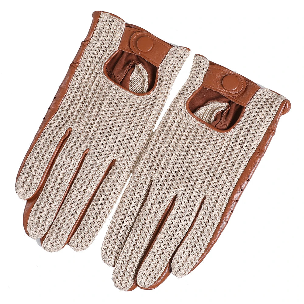 Men's Genuine Leather Driving Gloves motorcycle Fingerless Glove Sheepskin With Cotton Crochet