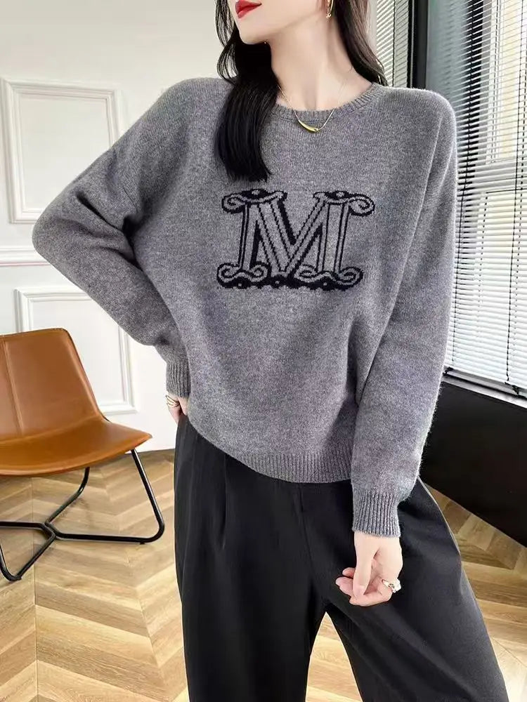 Autumn and winter new wool knitted sweater women's round neck loose slimming lazy style pullover sweater cashmere base sweater