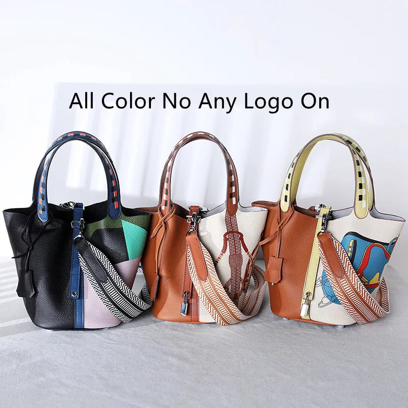 Various Genuine Leather Luxury Bag Fashion Women's Handbag Vegetable Basket Style Portable Women Bucket Bag with Lock