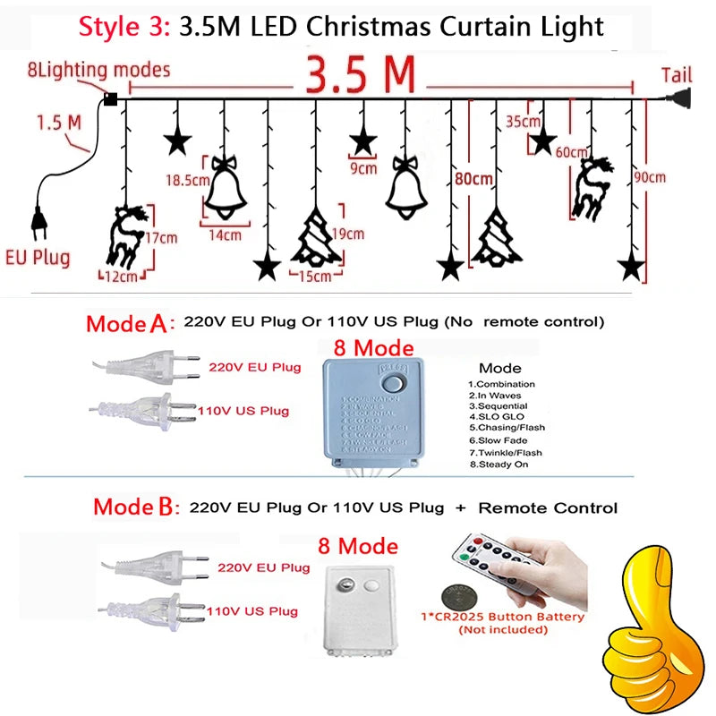 Christmas Decor String Garland Curtain Light LED For Wedding Home Christmas Tree Ornament 2024 Navidad Xmas Gift 2025 New Year