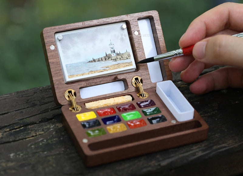 Wooden Portable Watercolor Pigment Subpackage Empty Box Art Student Handbook Sketching Travel Painting Palette Art Supplies