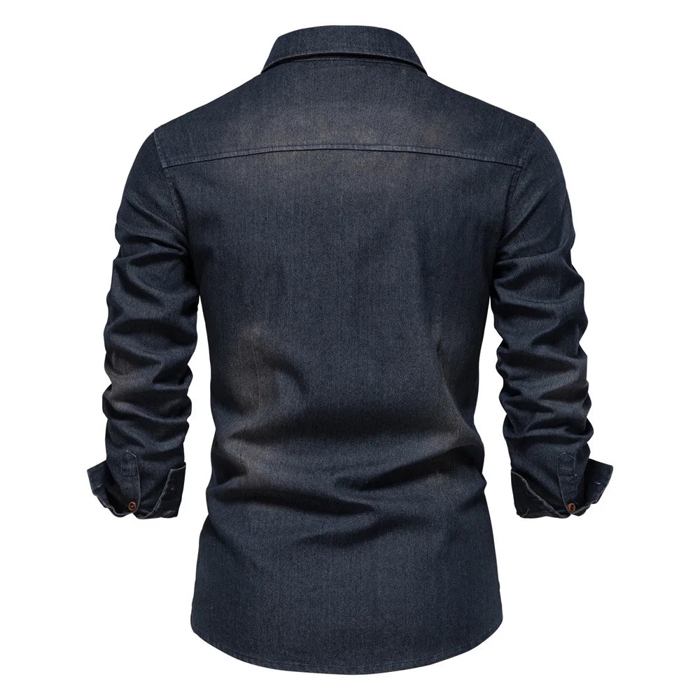 Fashion Autumn Cotton Denim Shirts Men Casual Long Sleeve Quality Cowboy Shirt Solid Color Slim Fit Elastic Jean Shirts for Men